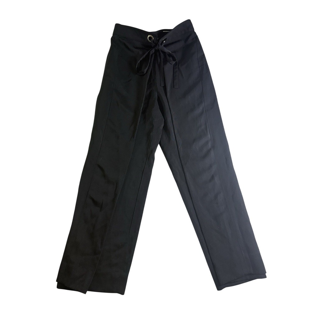 Club Monaco Trousers Women 2 Black‎ Excellent Wide Leg Tie Waist Linen Blend